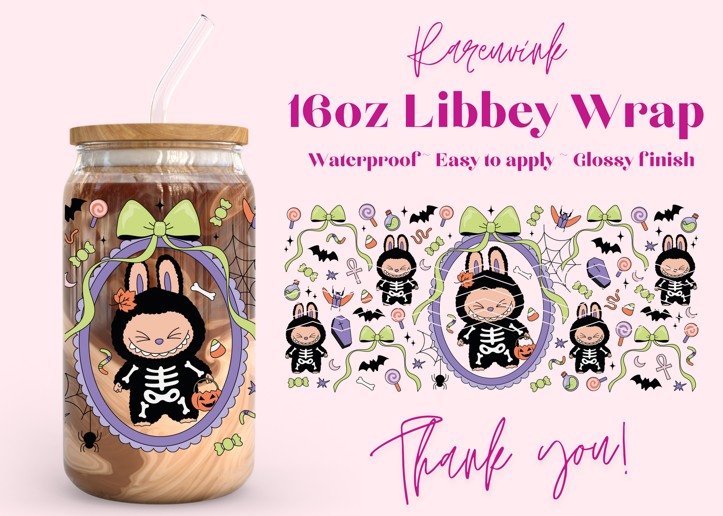 #1125 Labubu Skeleton 16oz UVDTF Wrap