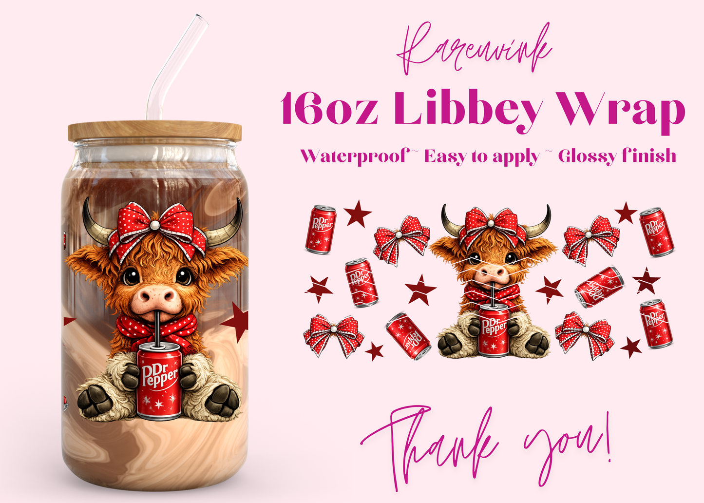 #1246 Dr Pepper Highland Cow new 16oz UVDTF Wrap