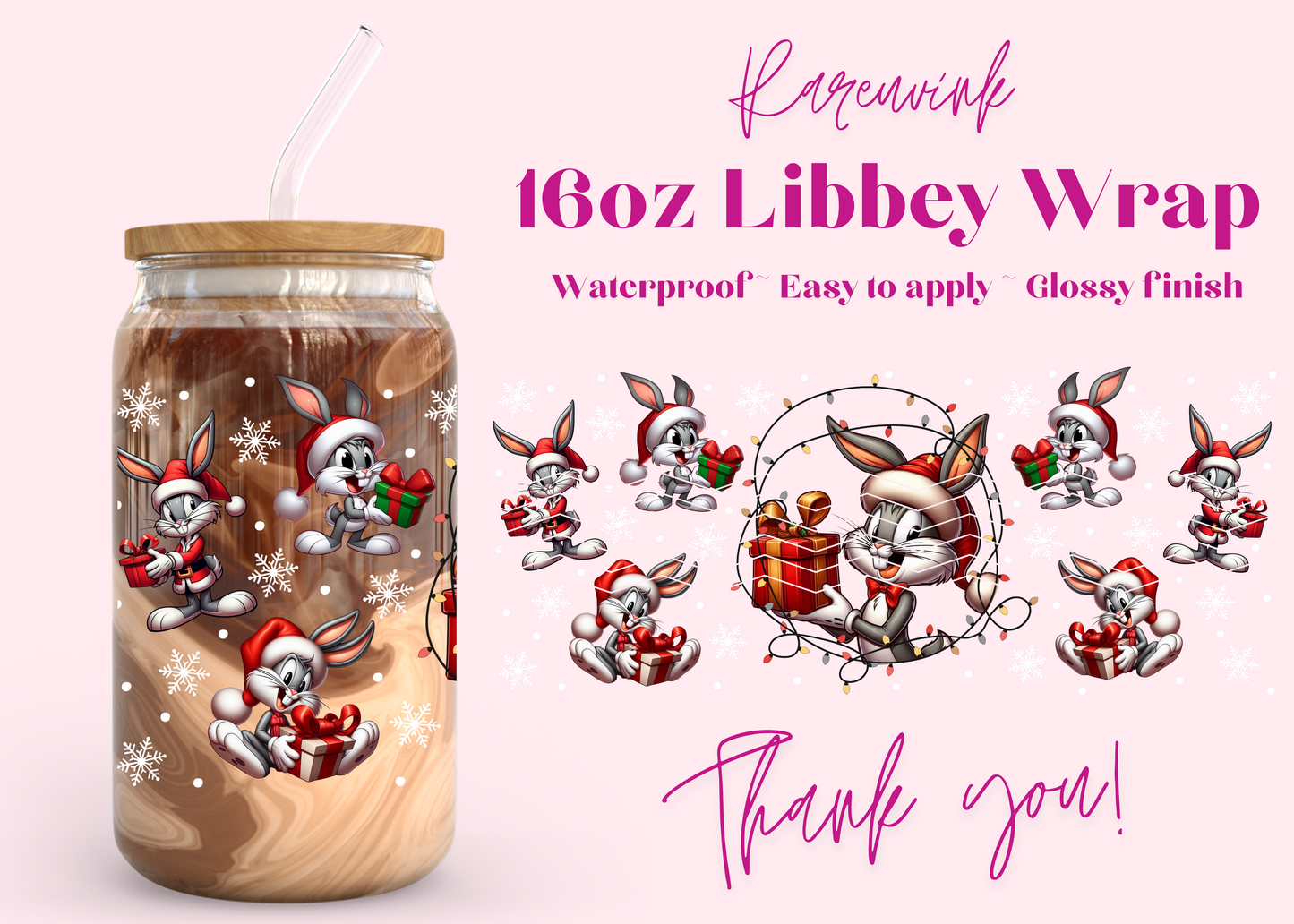 #866 Bugs Bunny Xmas 16oz UVDTF Wrap