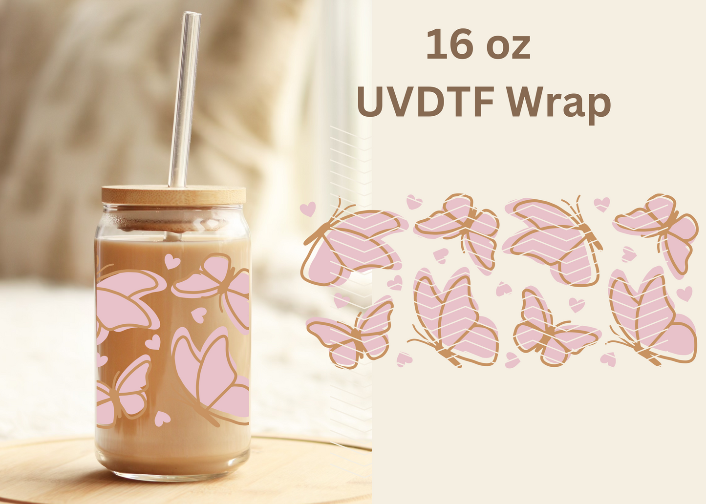 #365 Pink Gold Butterfly UVDTF 16 oz Wrap