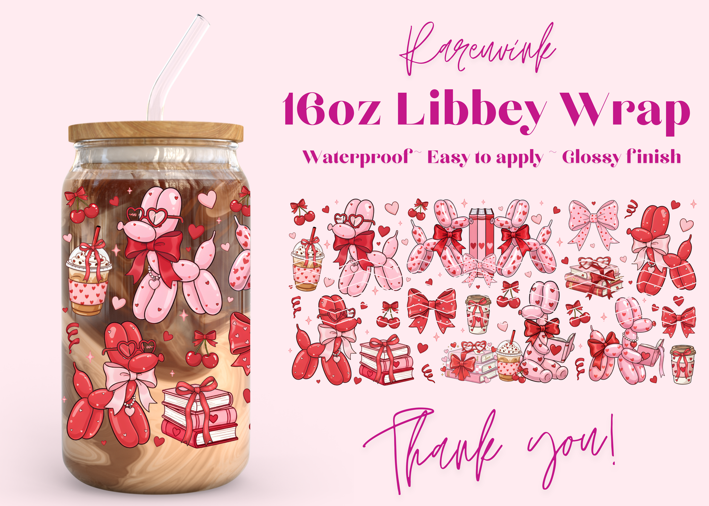 #1185 Valentines bookworm 16oz UVDTF Wrap