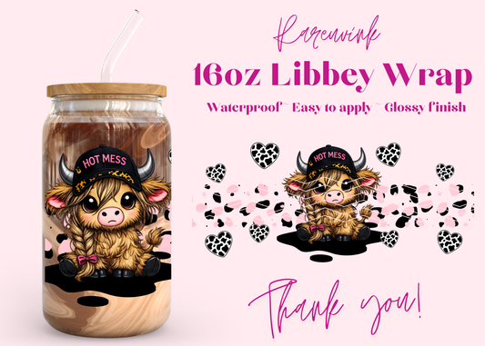#1216 Hot Mess Highland Cow 16oz UVDTF Wrap