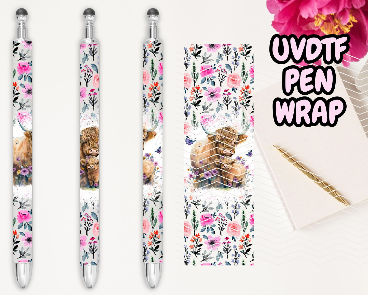 A39 Cow Flowers UVDTF Pen Wrap