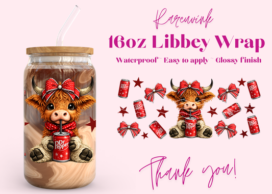 #1246 Dr Pepper Highland Cow new 16oz UVDTF Wrap