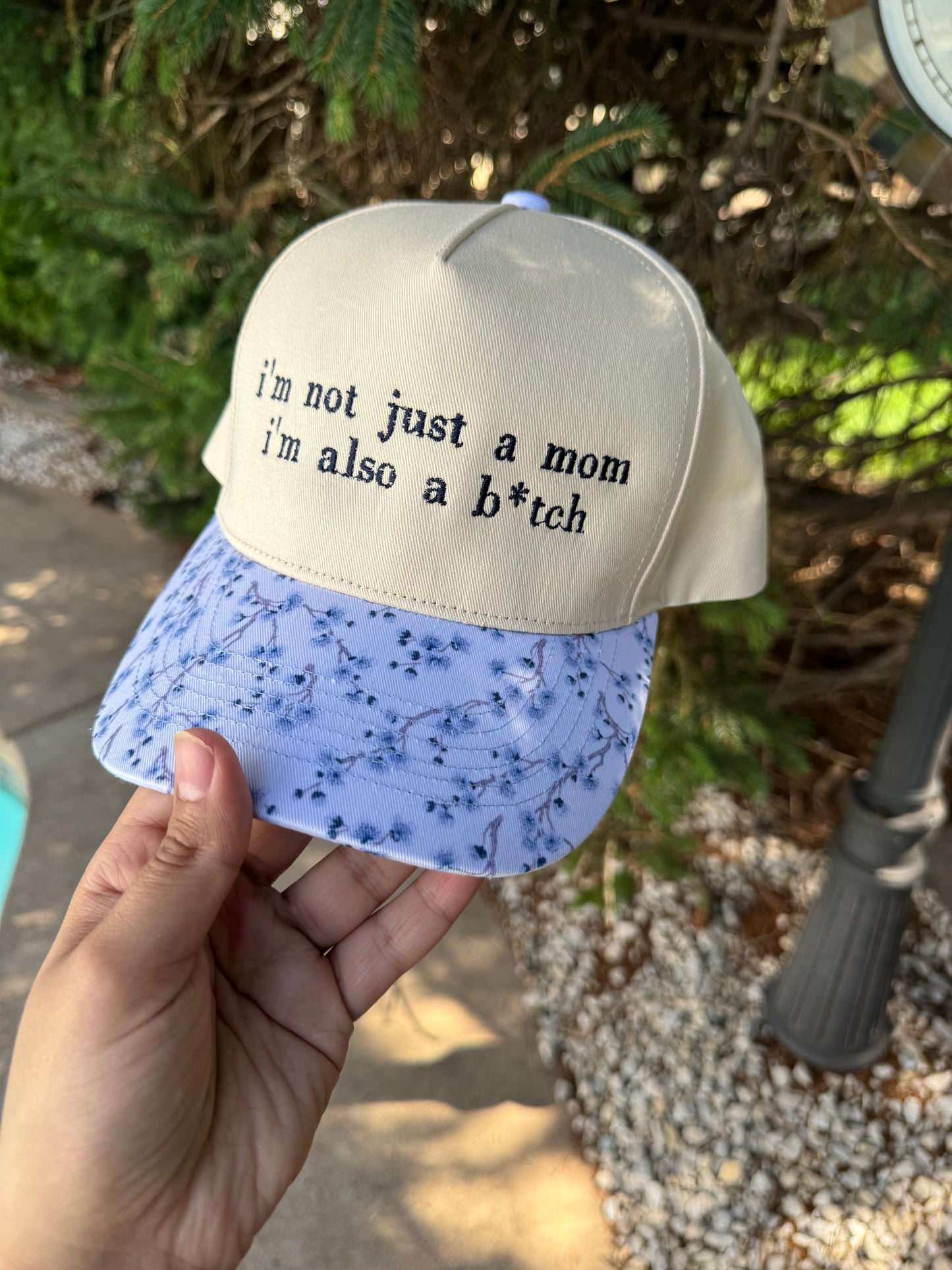Not just a mom blue floral hat