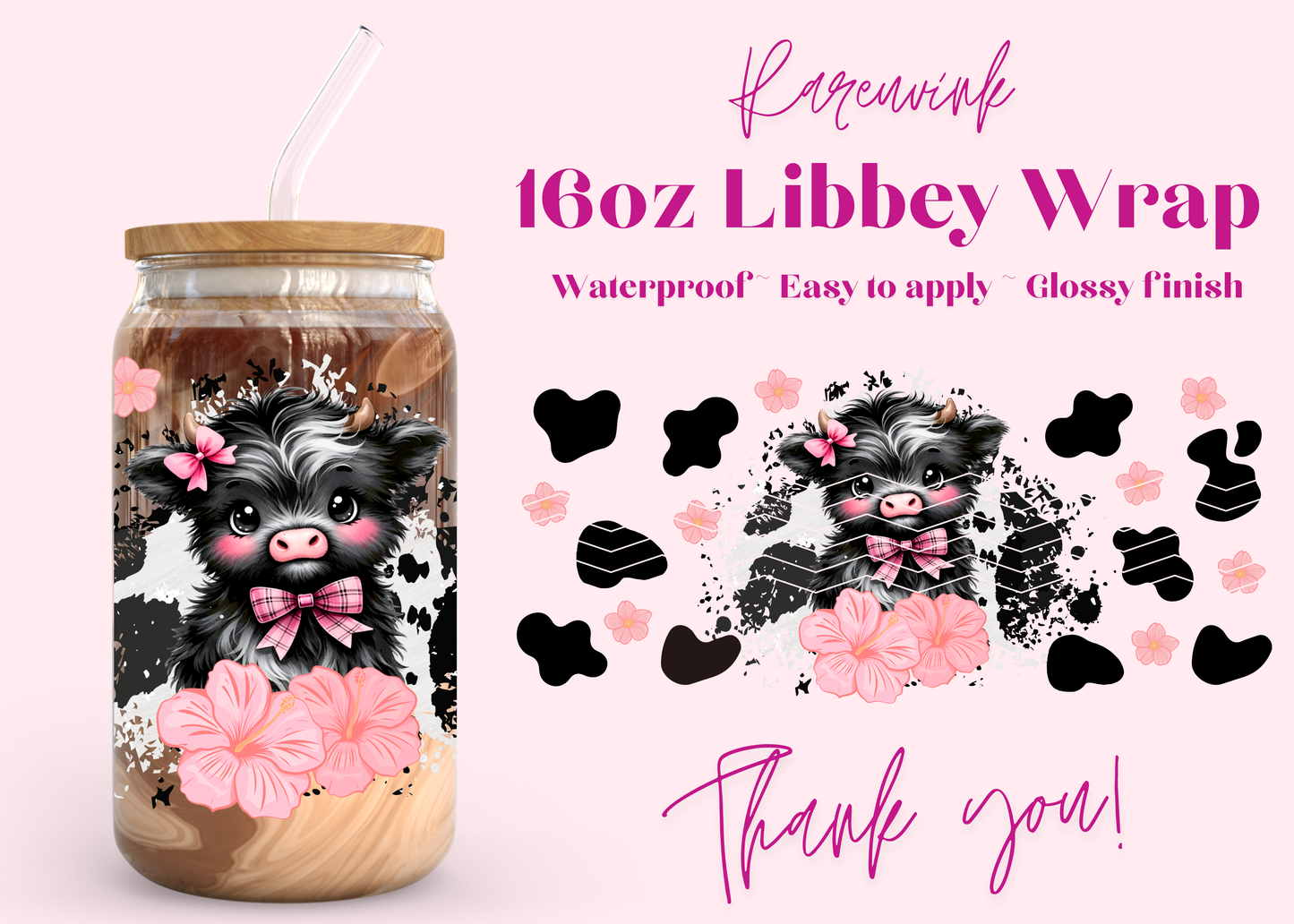 #1228 Exclusive Flower Highland Cow 16oz UVDTF Wrap