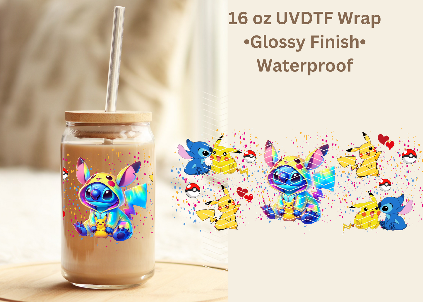 #520 Stitch Pikachu 16 oz UVDTF wrap