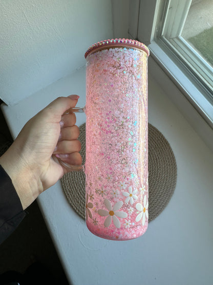 Floral Snow Globe Glass Cup with Handle