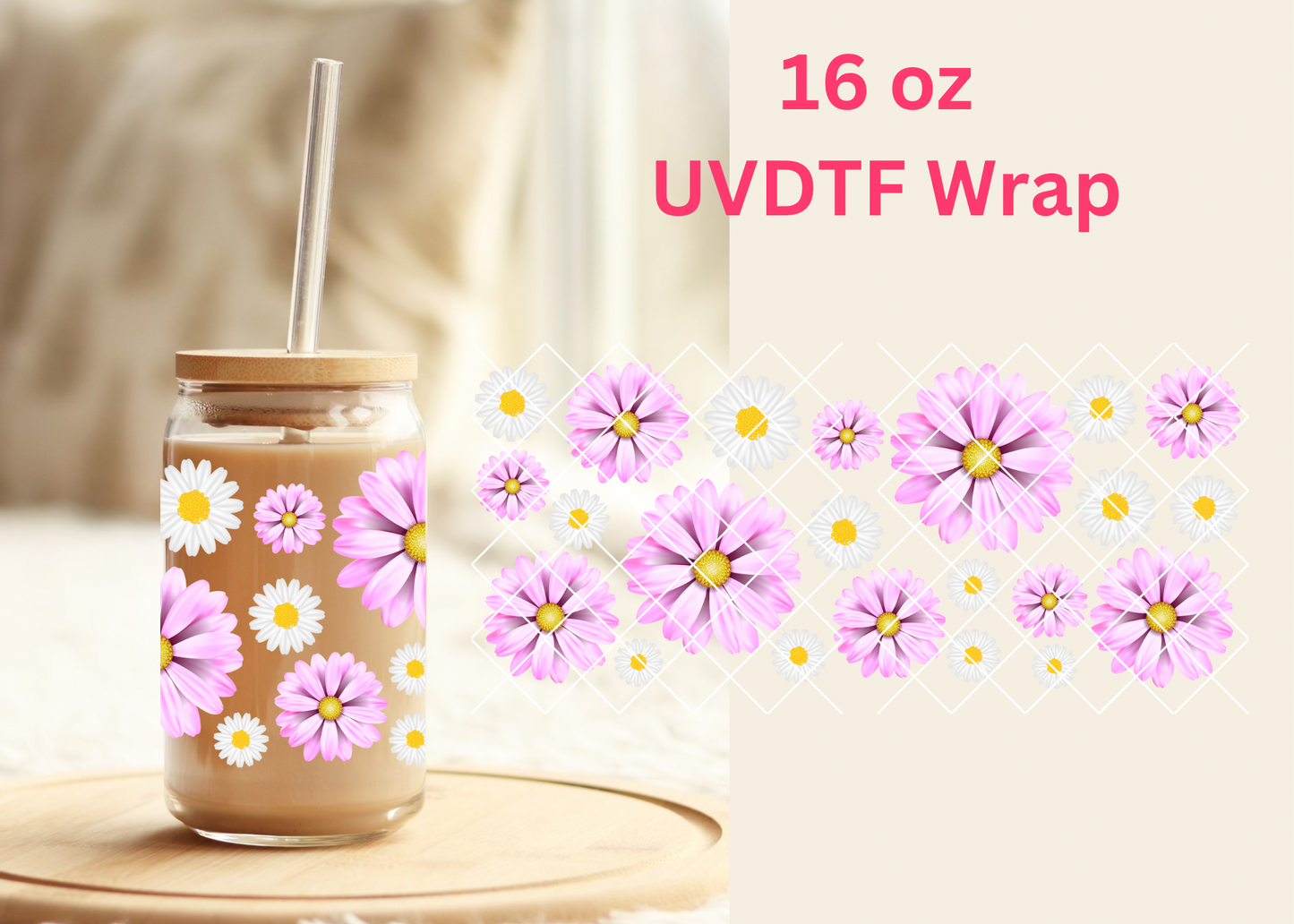 #312 Large Pink Flowers UVDTF 16 oz Wrap