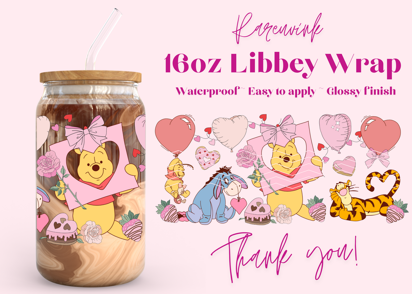 #896 Winnie Hearts Valentines 16oz UVDTF Wrap