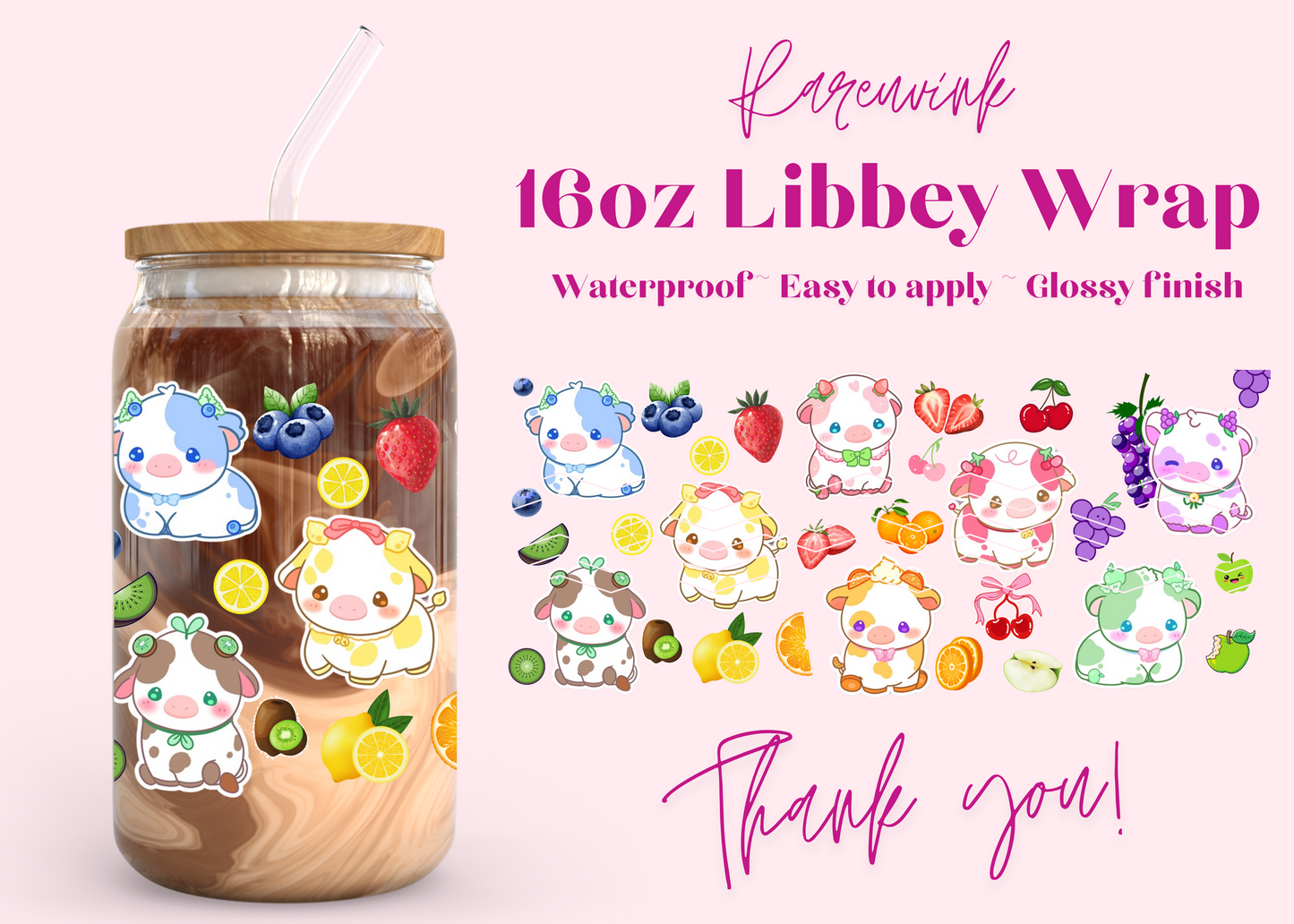 #1001 Kawaii Cow Fruits 16oz UVDTF Wrap